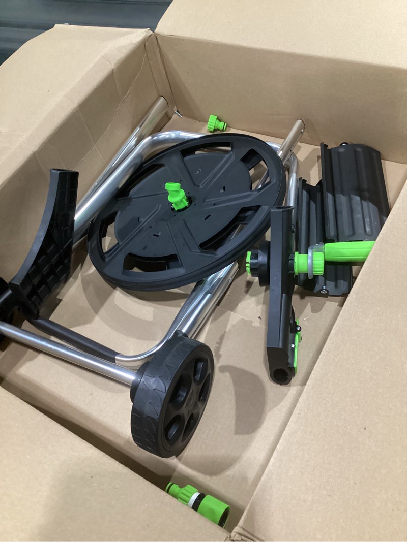 Condition photo showing As Is for garden hose reel cart, holds 75-150 feet of 5/8-inch hose, portable hose reel cart with wheels,adjustable handrail, quick hose connector original black