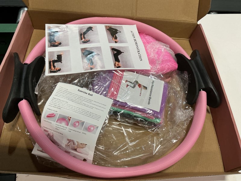 Condition photo showing New/Like New for Muuruu Pilates Essentials Kit for Home Women, Ring and Ball Set, Pilates Equipment for Workouts, 3 Resistance Bands, Grip Socks, 14 Inch Magic Circle, Mini Exercise Ball, Great Exercise Equipment 6-Piece Essentials Kit Pink