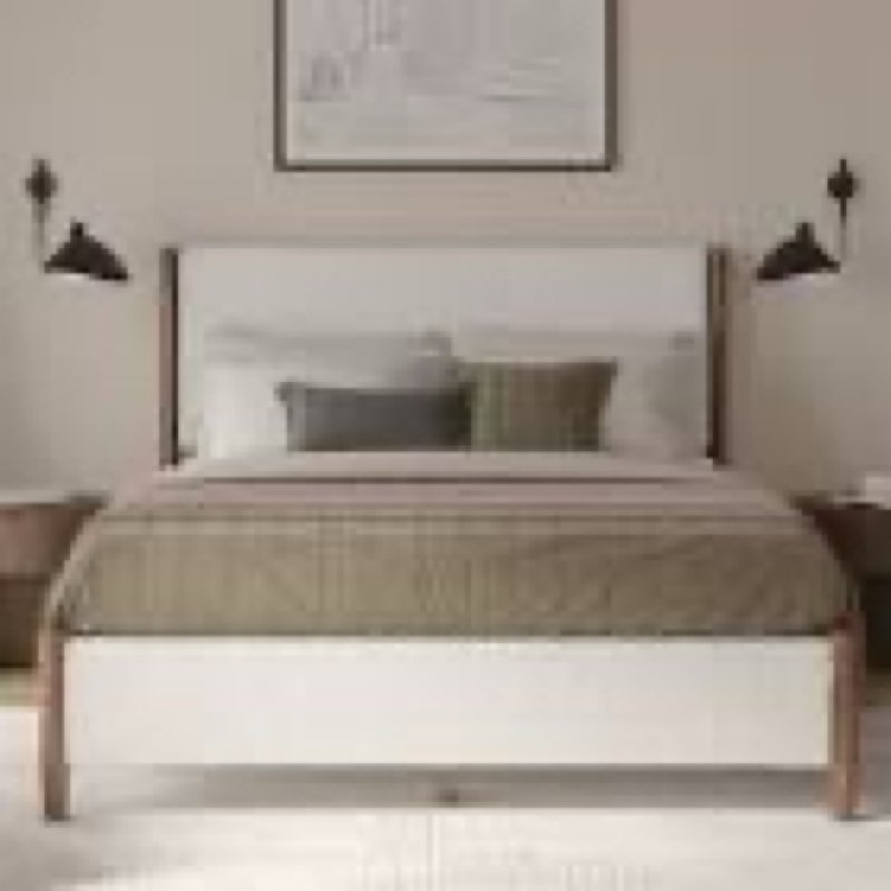 ben queen solid wood bed frame with cream boulce upholstered headboard 