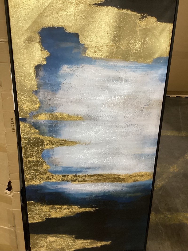 Condition photo showing As Is for WINKAILIN Abstract Blue and Gold Wall Art with Black Frame Modern 24x48 Canvas Painting Large Artwork for Living Room Bedroom Office Home Decoration 48"L x 24"W Blue and Gold