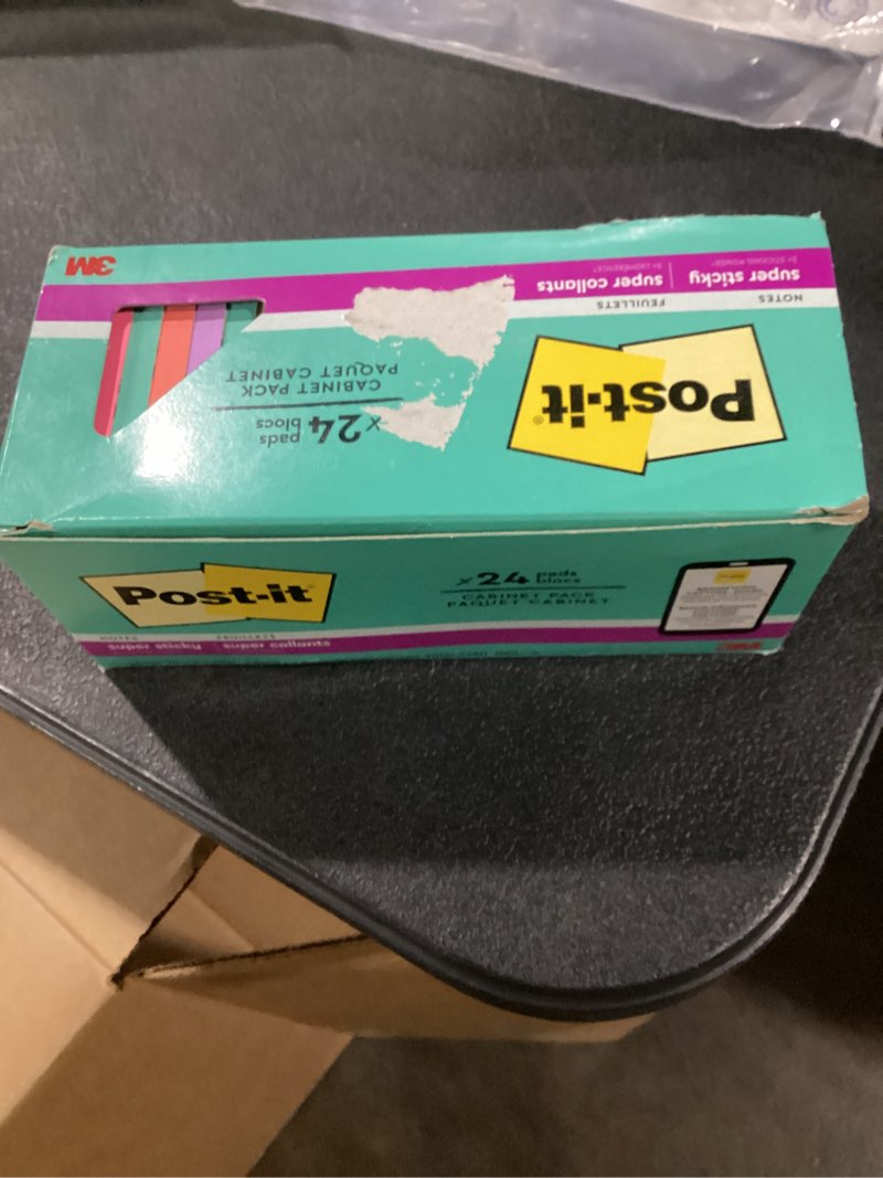 Condition photo showing New/Like New for post-it super sticky notes, 24 sticky note pads, 3 x 3 in., school supplies, office products, sticky notes for vertical surfaces, monitors, walls and windows, supernova neons collection