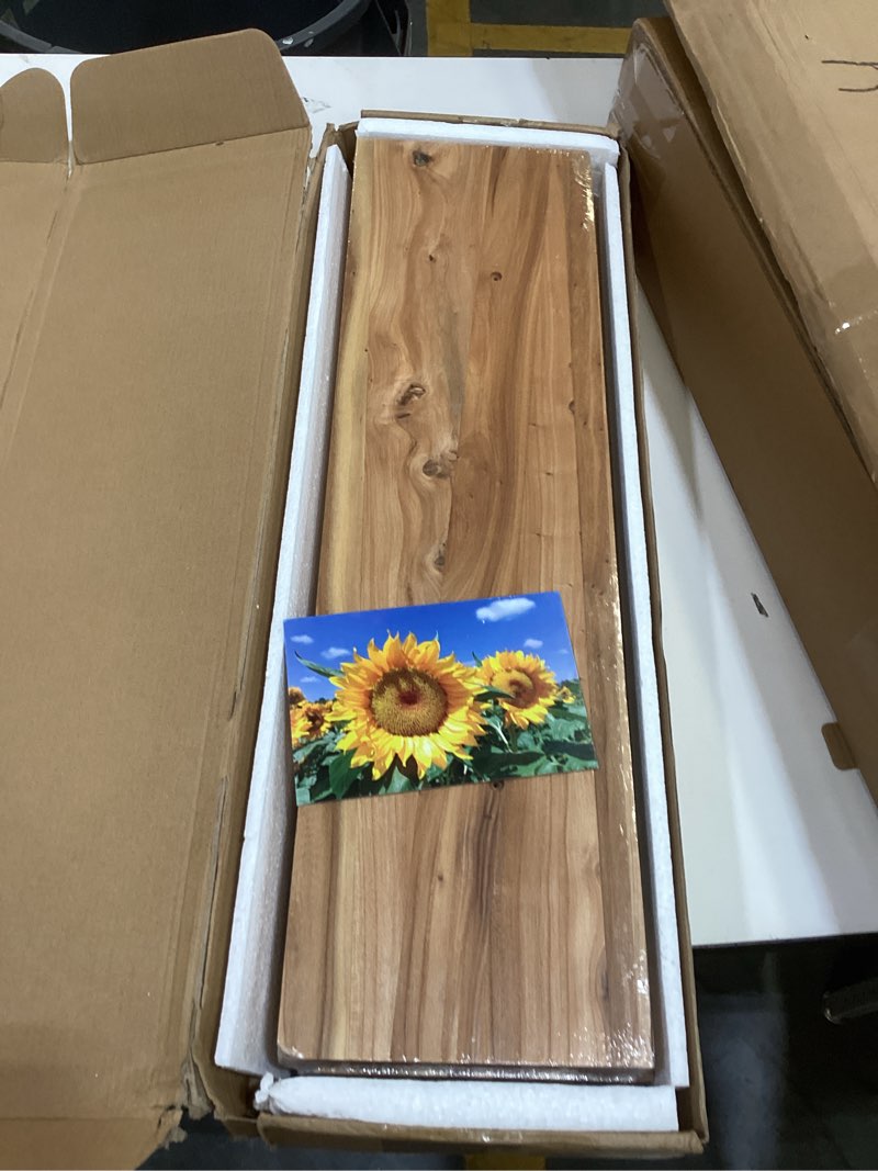 Condition photo showing Good Condition for fun memories wood floating shelves 24 inch long, rustic elm wood wall shelves for farmhouse, living room, kitchen, wall mounted bathroom shelf floating shelf with invisible bracket set of 2, natural natural flat edge, 24"w, 2pack