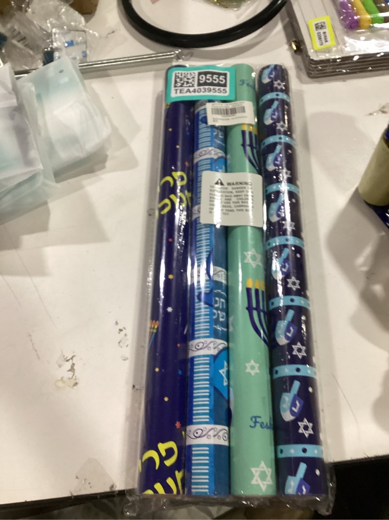 Condition photo showing Good Condition for Hanukkah Wrapping Paper (4 Rolls, 93 sq. ft. ttl) Menorahs, Dreidels, Stripe and Star of David Design for Holiday Gift Wrap - Traditional Hanukkah Elements Collection - 17 Inches x 16.5 Feet Per Roll