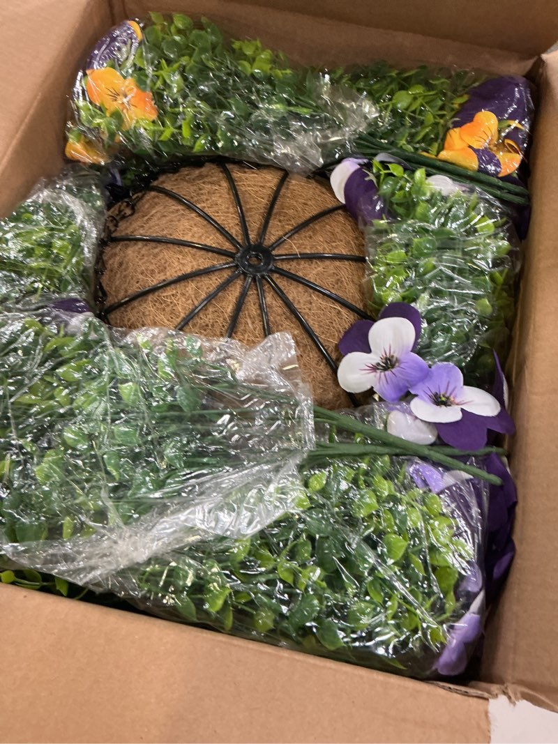 Condition photo showing New/Like New for 2 set artificial outdoor pansy flowers with hanging baskets, 2 hanging baskets with 24 pcs silk flowers for spring easter decorations porch patio home decor (2, purple, yellow, white, light purple) purple, yellow, white, light purple 2