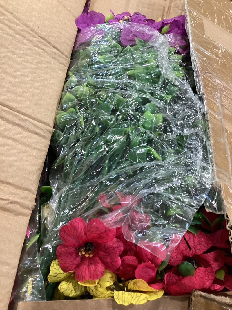 Condition photo showing As Is for alupssuc 24 pcs artificial plants flowers for outdoors uv resistant decor | no fade plastic spring fake plants greenery, for patio porch garden pathway home spring decor, 4 colors redrosypurpleyellow 24