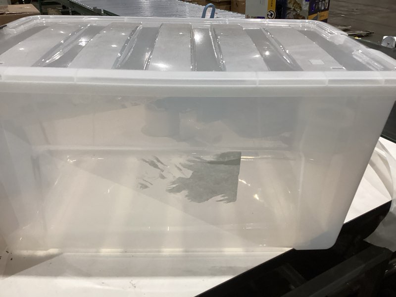 Condition photo showing As Is for 1 quart plastic under bed storage box, large wheels storage bin, clear
