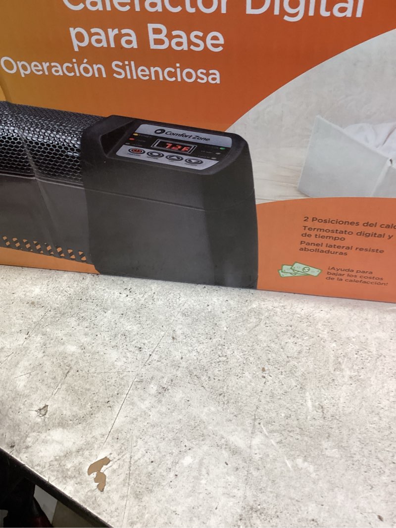 Condition photo showing New/Like New for comfort zone baseboard space heater with digital thermostat  electric  dent-proof end panels  overheat protection  tip-over switch  & stay-cool body  ideal for home  bedroom  & office  1 500w  cz650b