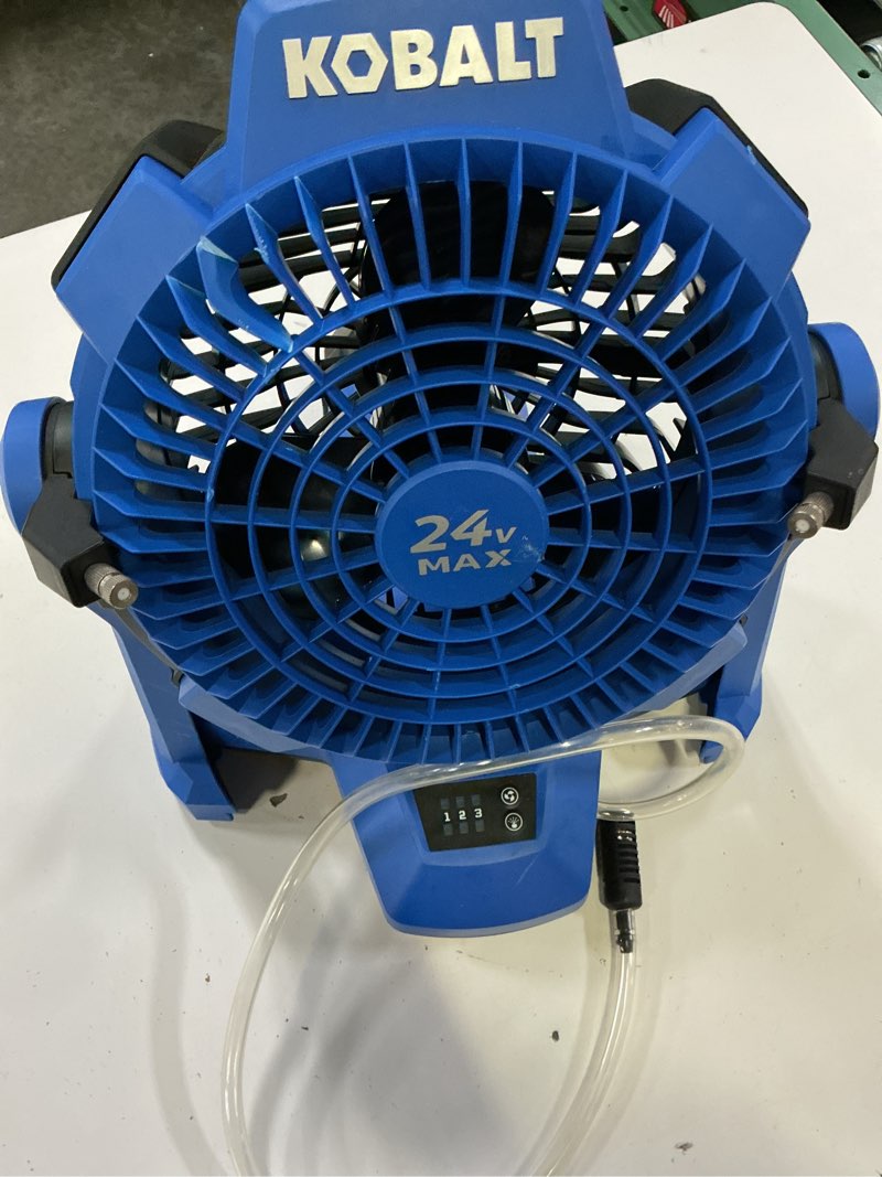 Condition photo showing As Is for kobalt 7-in high velocity indoor/outdoor misting floor fan, battery powered, in blue kmf 1124a-03