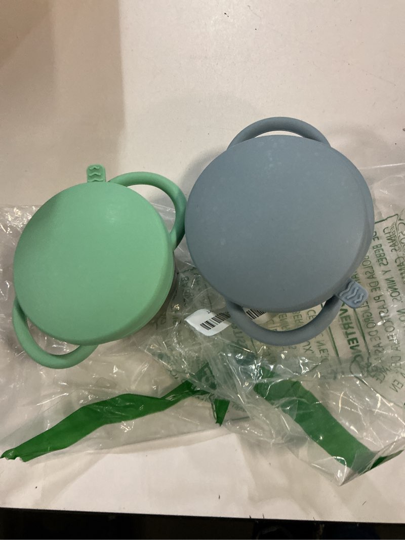 Condition photo showing Good Condition for 2 Pack Toddler Snack Cups, Baby Stainless Steel Snack Containers for Kids with Spill Proof Food Grade Silicone Lids & Handles 9 OZ No Spill Baby Snack Box for Mess-Free Snacking Sage Green + Blue