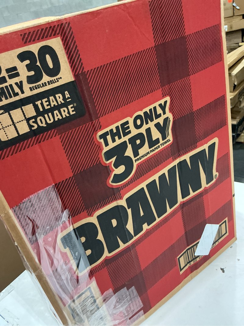 Condition photo showing Good Condition for brawny tear-a-square 3-ply paper towels, 12 xl family rolls = 30 regular rolls, strong, absorbent, and durable with 3 sheet sizes (quarter, half, full) family 12 xl family rolls