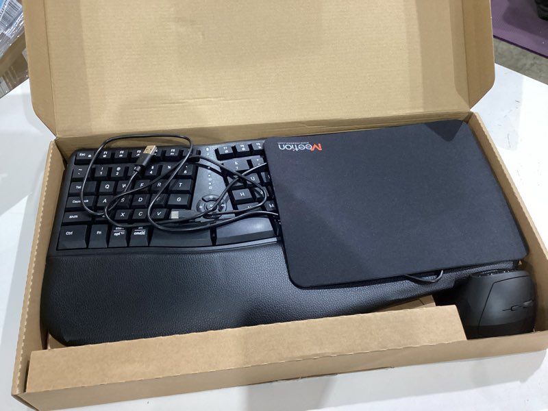 Condition photo showing Good Condition for meetion ergonomic keyboard and mouse, wireless keyboard with vertical mouse, split curved keyboard with wrist rest, natural typing usb receiver rechargeable full size, windows/mac/pc/laptop, large large black