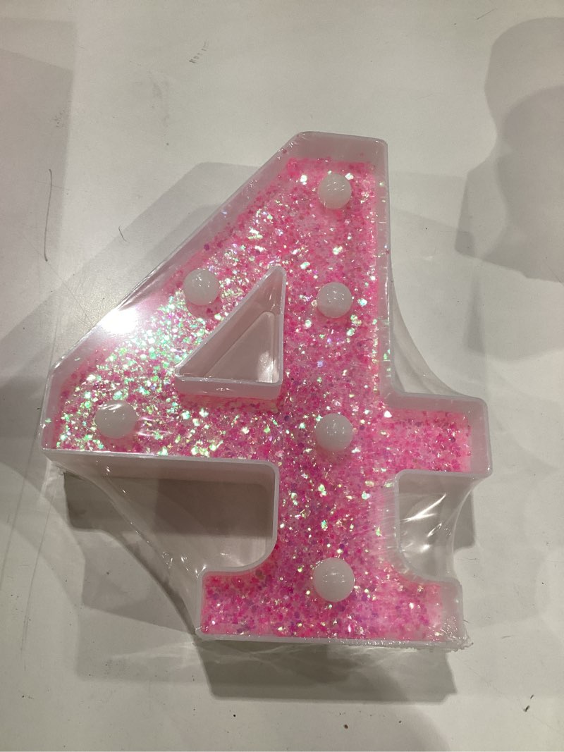 Condition photo showing New/Like New for pooqla marquee number lights, pink light up numbers for girls 4th birthday, battery powered glitter number night light gift for christmas bedroom dorm party decoration, pink number 4 warm white number 4