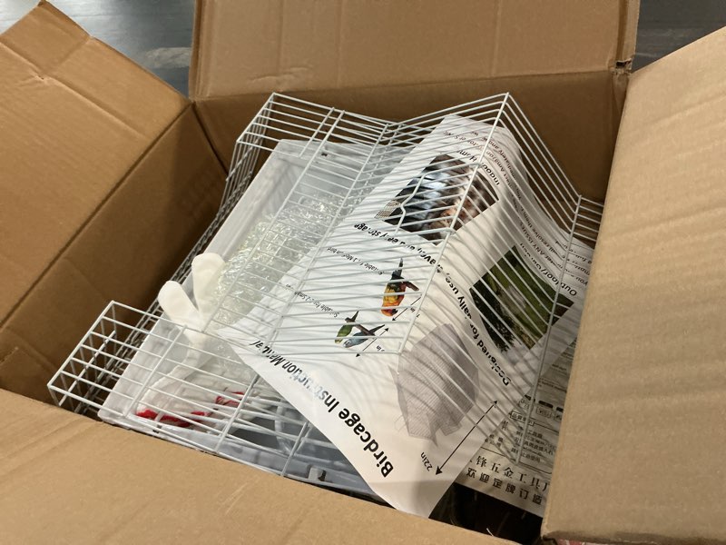 Condition photo showing As Is for small bird cage, 22-inch tall hanging cage with removable tray | easy to carry and clean, ideal for temporary housing, camping and vet visits with parakeets, canaries, lovebirds and finches. 13.5"l x 11.2"w x 22.0"h