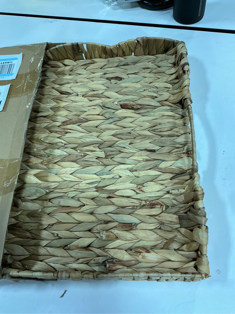 Condition photo showing As Is for Rectangle Rattan Tray with Mother of Pearl Inlay Rattan Serving Tray with Handle Wicker Storage Basket Boho Woven Decorative Trays for Coffee Bread Fruits Snacks Wicker Trays for Table Decor