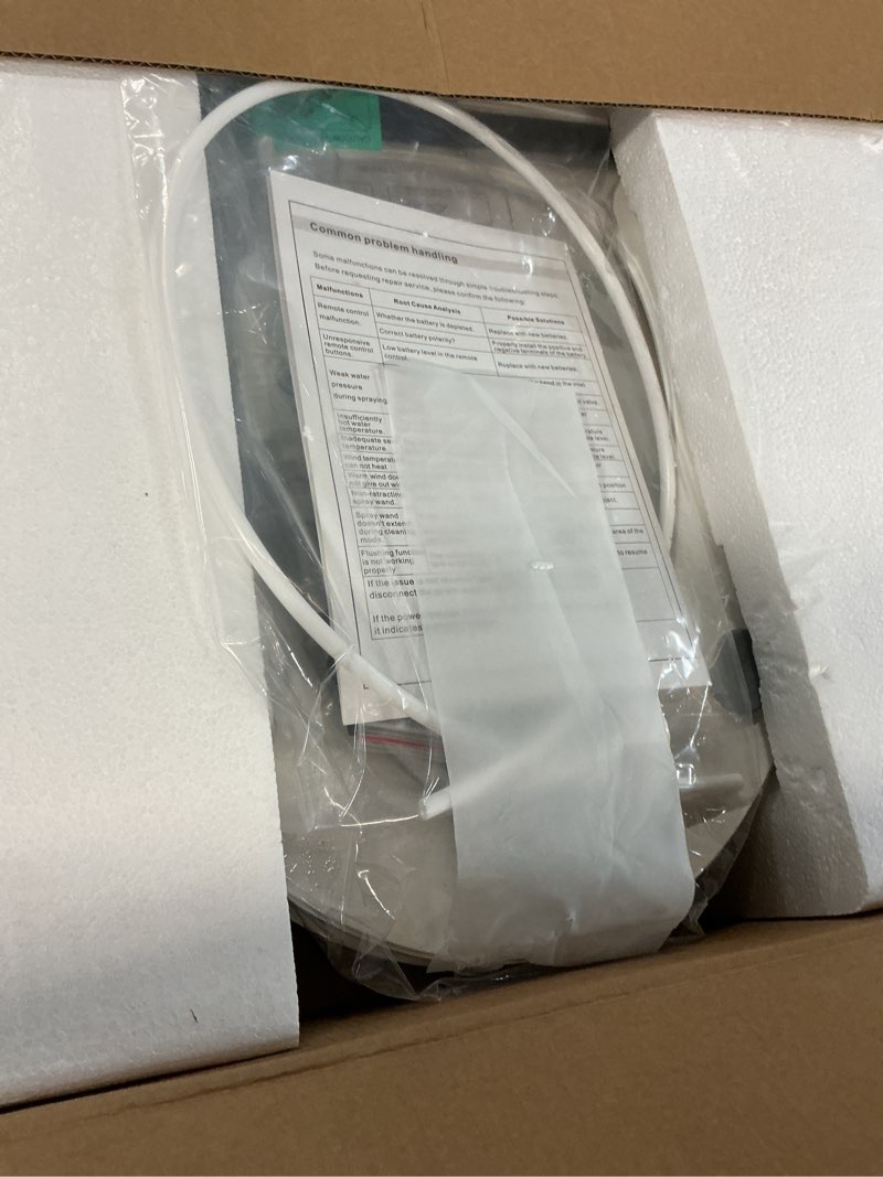 Condition photo showing As Is for electric toilet seat, elongated smart heated toilet seat with warm water & dryer, feminine & child hip wash, wireless remote, self-clean, stainless steel nozzle, adjustable water pressure