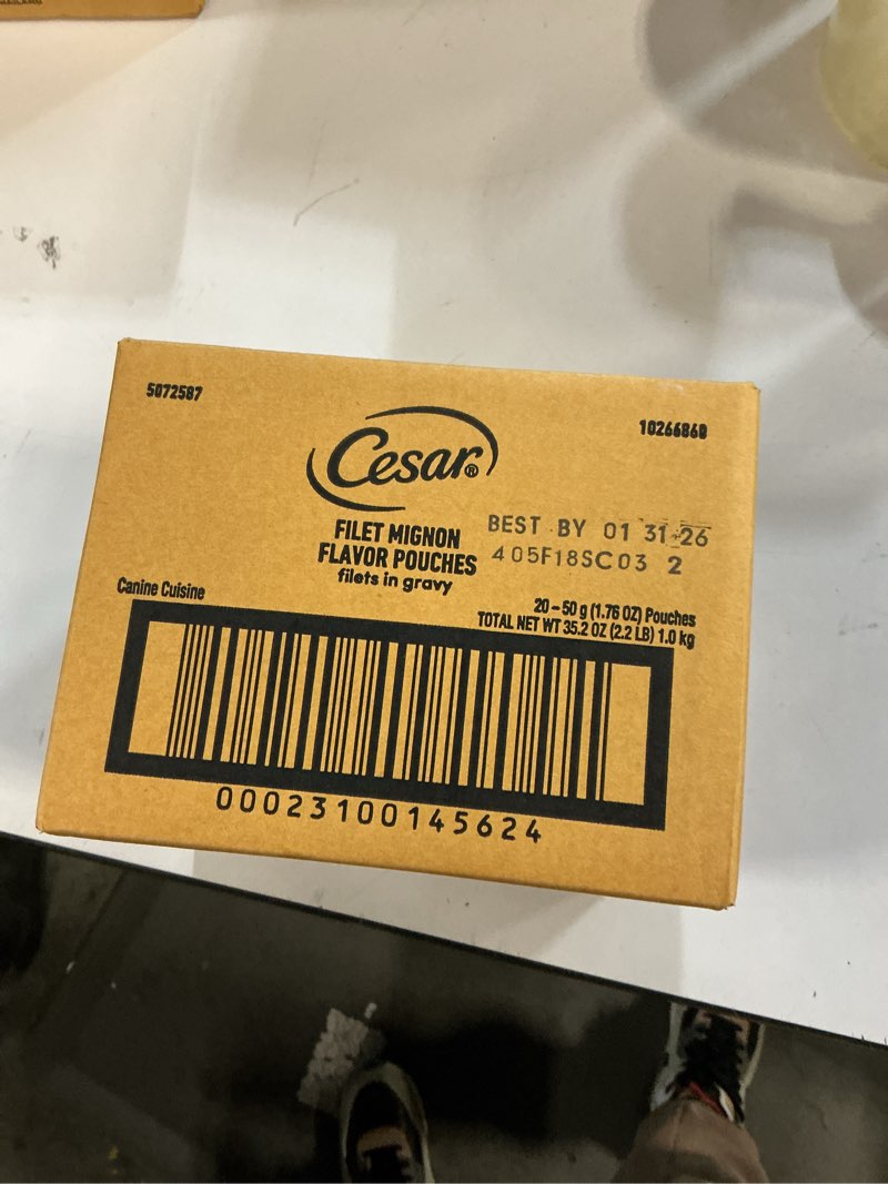 Condition photo showing New/Like New for ((BB:01/31/26))Cesar Filets in Gravy Wet Dog Food, Filet Mignon Flavor, Wet Food for Dogs, 1.76 oz. Mini-Pouches, 20 Count Filet Mignon 20 Count (Pack of 1)
