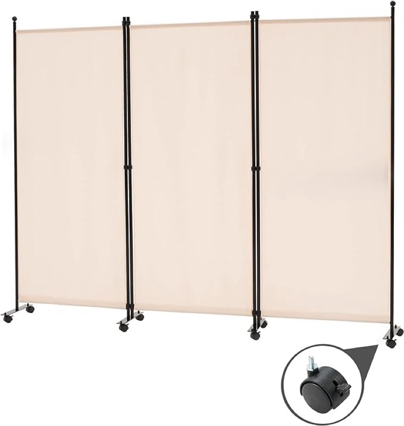 spurgehom 3 panel rolling room divider, folding partition privacy screens, freestanding fabric room panel, portable folding wall divider for office, room, restaurant, hospital (beige)