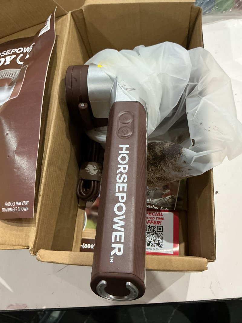 Condition photo showing As Is for horsepower giddy up grill cleaner as seen on tv! – cordless, rechargeable bbq tool with 350 rpm stainless roller, led light – patents pending – from bulbhead, a family-owned american brand regular battery life