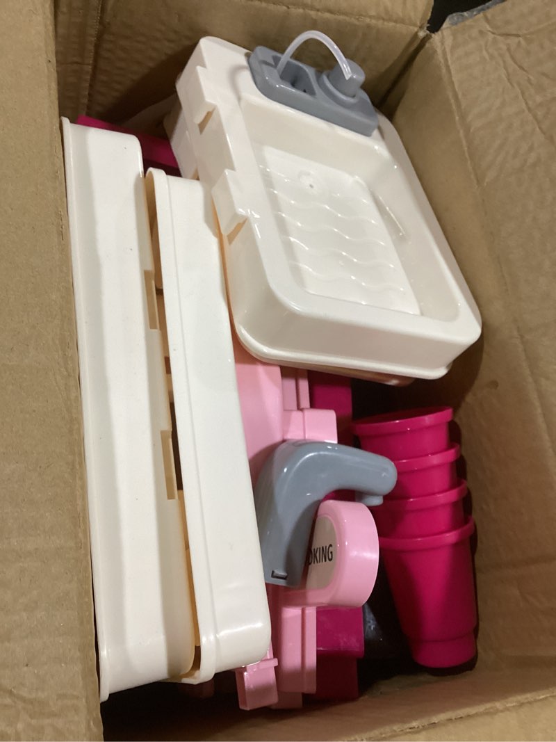 Condition photo showing Good Condition for Kids Play Kitchen Set, Toddler Kitchen Playset with Light & Sound, Cooking Stove, Play Sink, Coffee Maker, Play Food Toy and Kitchen Accessories, Kitchen Toy for Kids Girls Boys - Pink