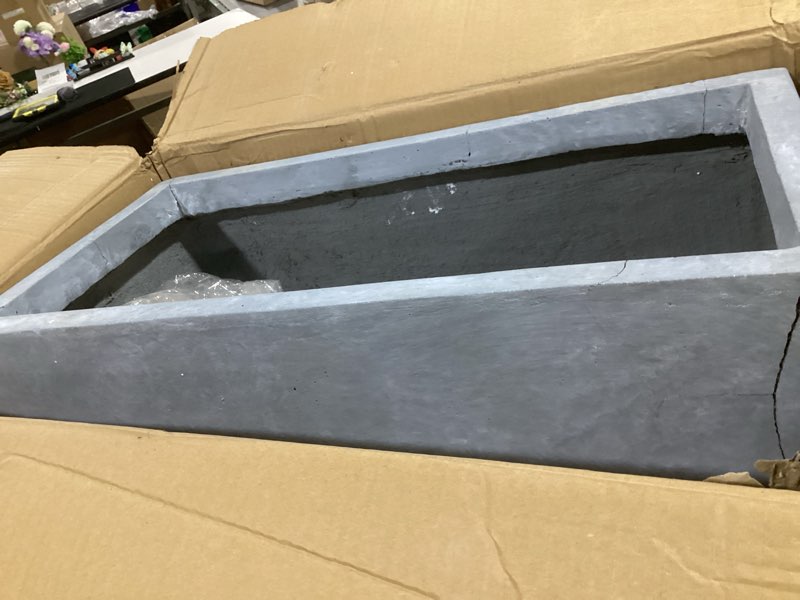Condition photo showing As Is for kante 23.2" l rectangular concrete planter, large outdoor indoor garden pots with drainage hole and rubber plug, modern decor for home, patio, backyard, slate gray slate gray 23.2"l x 11.8"w x 12"h