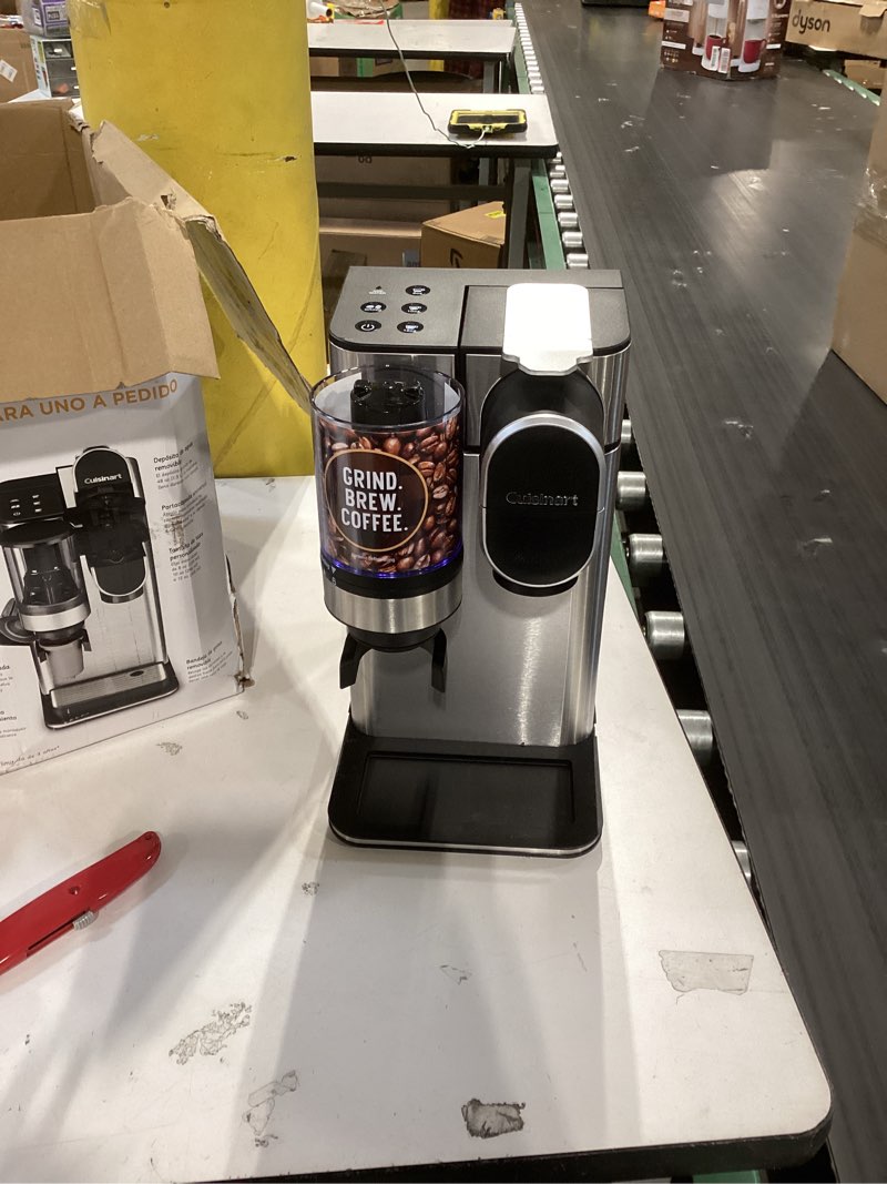 Condition photo showing As Is for cuisinart single-serve coffee maker + coffee grinder with 8, 10, and 12 oz. serving size, compatible with single-cup pods, 48-ounce removable reservoir, stainless steel, dgb-2ss