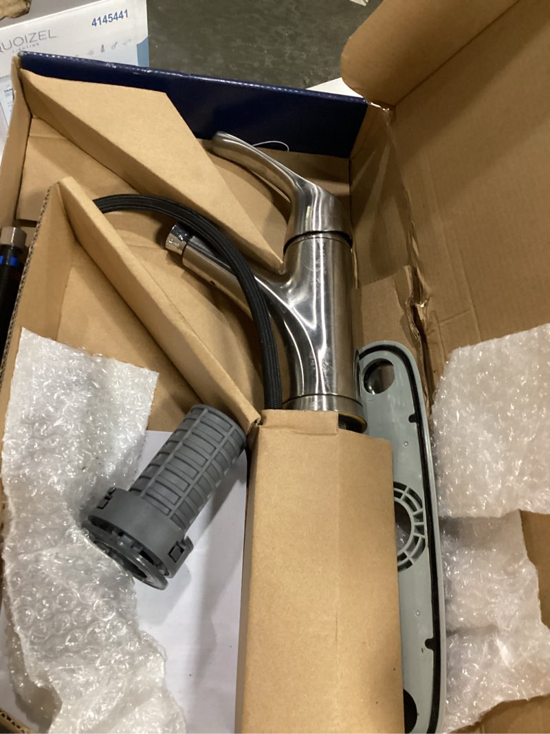 Condition photo showing As Is for project source everfield stainless steel single handle deck-mount pull-out kitchen faucet with sprayer (includes deck plate)