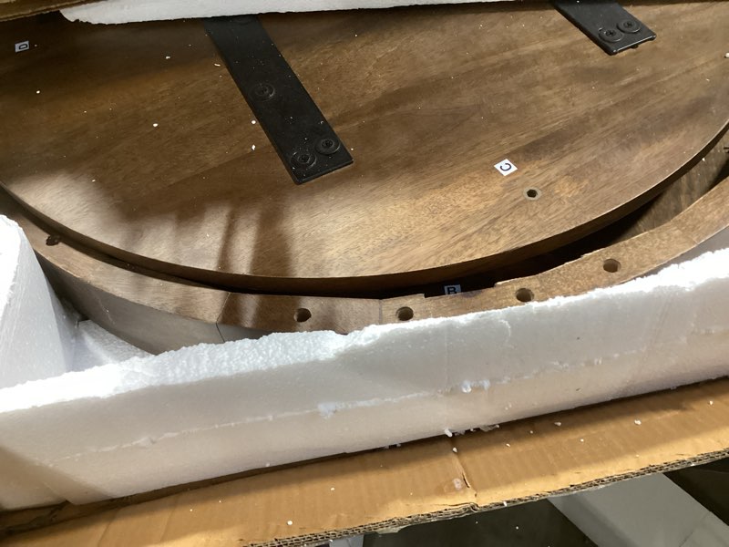 Condition photo showing As Is for Kate and Laurel Talcott Modern Tiered Round Coffee Table, 28 x 28 x 18, Walnut Brown, Transitional Two-Tier Circle Living Room Table with Storage and Mango Wood Construction