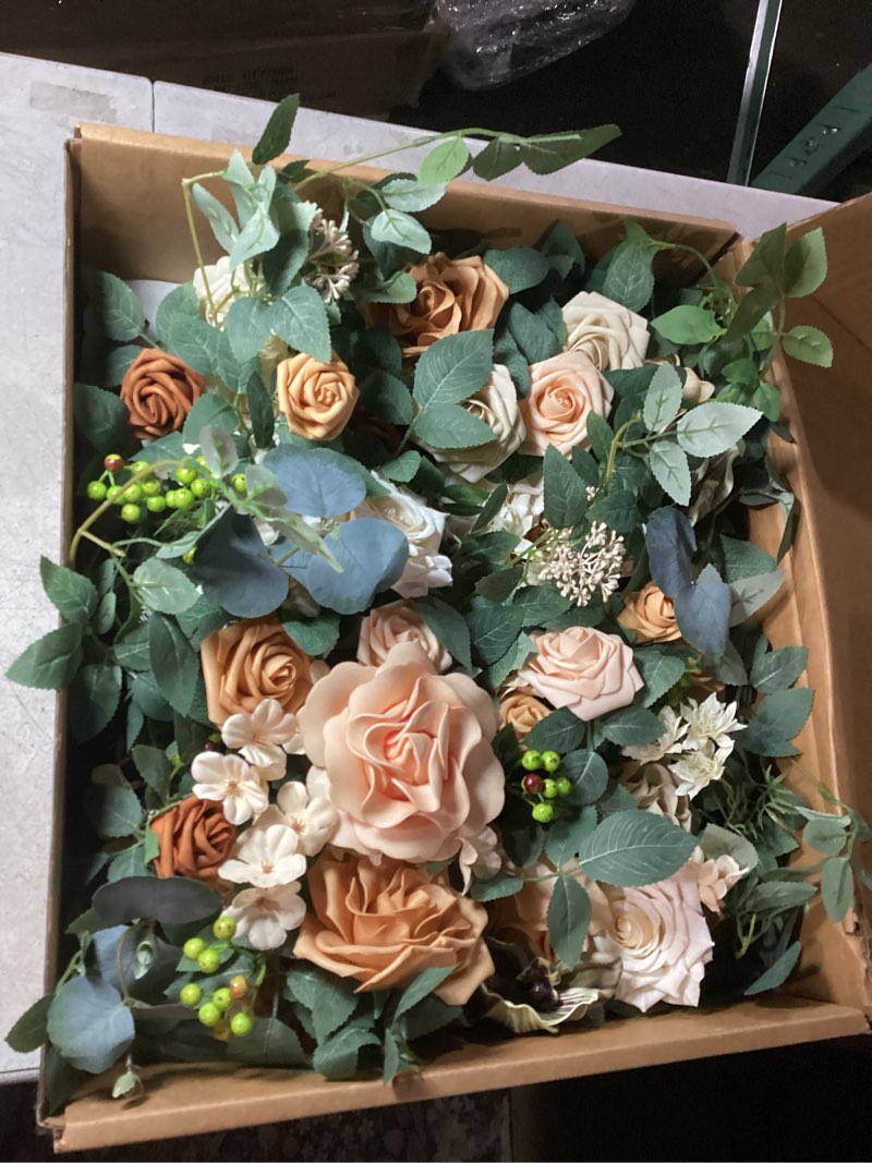 Condition photo showing New/Like New for Ling's moment Artificial Wedding Arch Flowers with Drapes Kit-Pack of 5, 2pcs Flower Arrangements 3pcs Hanging Sheer Drapes Ceremony Arbor Backdrop Rose Floral Decorations, Apricot & Soft Peach Or-apricot & Soft Peach