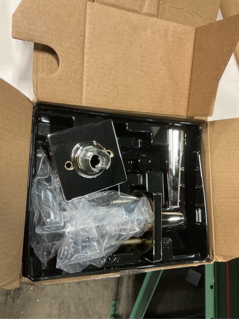 Condition photo showing As Is for kwikset casey interior passage door handle, lever for closet and hallway doors, reversible non-locking handle lever, polished chrome polished chrome 1 pack passage