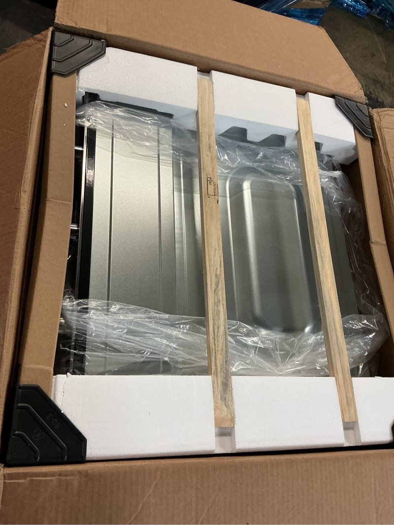 Condition photo showing As Is for AMZCHEF 24" Single Wall Oven, 2.65 Cu.ft. Built-in Electric Wall Oven with 5 Cooking Functions, 360° ROTATING ROTISSERIE, 2200W, Mechanical Knobs Control, Timer, Stainless Steel Wall Oven for Kitchen