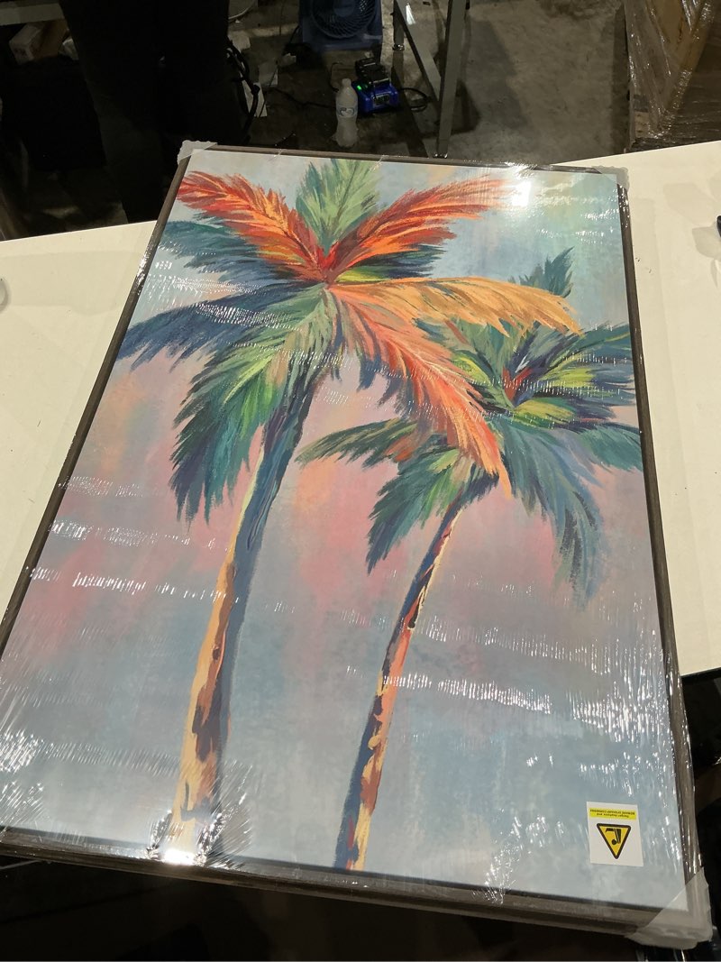 Condition photo showing New/Like New for framed colorful coastal wall art for living room decor, large tropical beach palm tree canvas artwork for walls, 2 piece pop paintings prints for hallway bedroom office salon wall decor, 24x36 inch 24" w x 36" h x 2pcs 2 piece-coastal palm tree