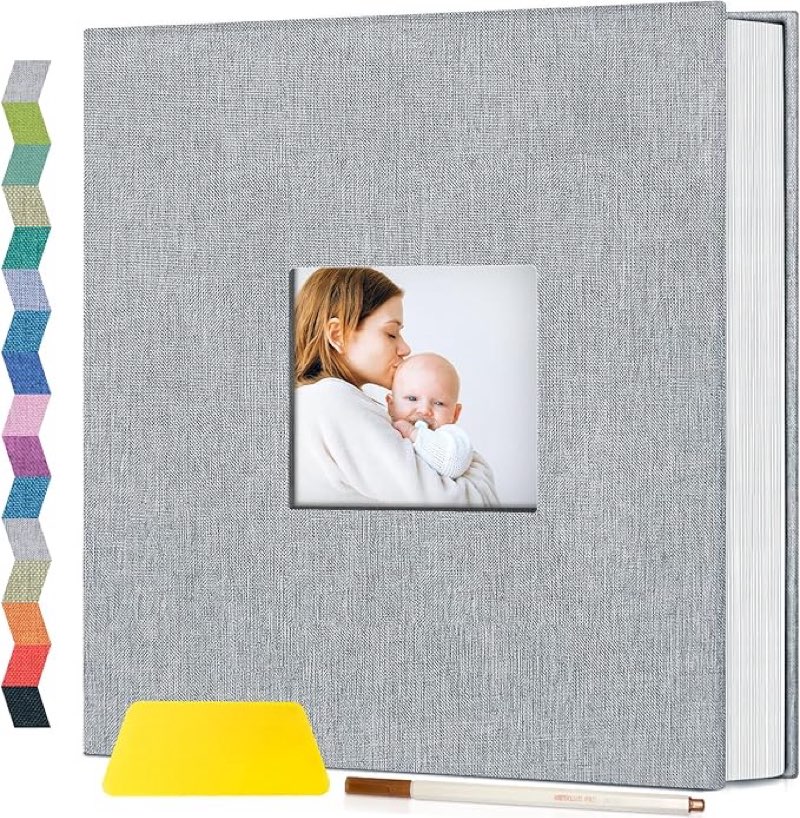 popotop photo album self adhesive with picture display window,60 pages diy scrapbooking supplies kit for 4x6 10x12 picture,linen cover memory book for baby wedding, with scraper and metallic pen 13.1\\\"x 12.6\\\"60 pages gray