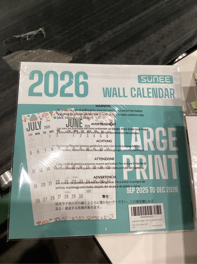 Condition photo showing New/Like New for SUNEE Calendar 2025-2026, Large Print Wall Calendar Sep. 2025 - Dec. 2026, 16-Month, Monthly Planner with Big Grid, Big Wall Calendar for Home Office Planning, 12" x 24" (Open)