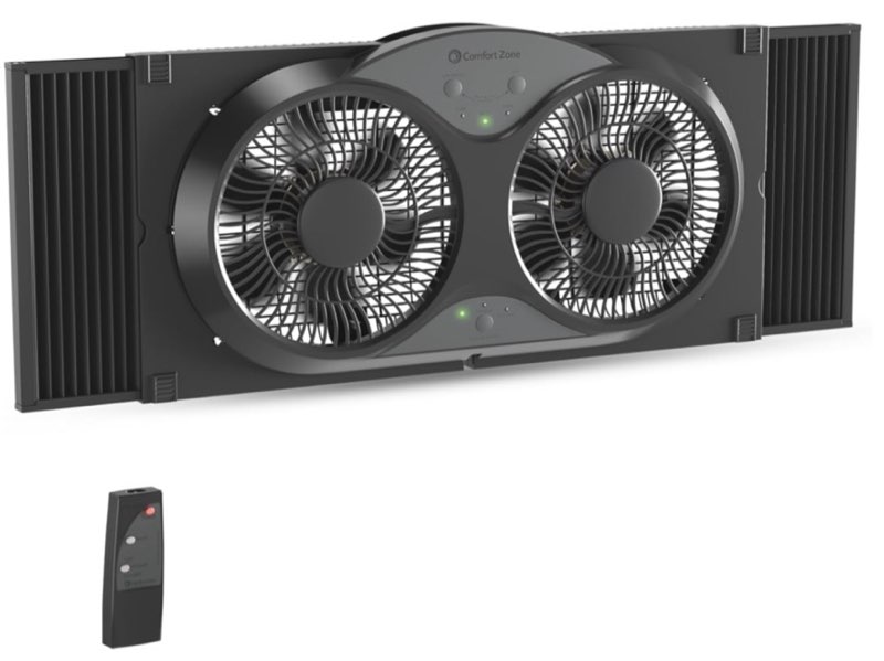 comfort zone 9-inch reversible twin window fan with remote control – 3-speed dual blade fan with exhaust, cooling & circulate modes, expandable width 23.5" to 37", removable bug screen & tabletop feet black 3-speed w/remote