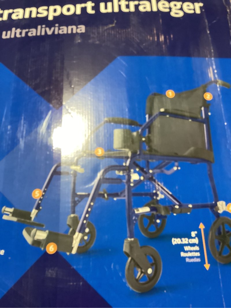 Condition photo showing New/Like New for Medline Ultra Lightweight Transport Wheelchair for Adults, Foldable, 19-Inch Seat Width, Blue Frame, Black Upholstery Blue Wheelchair