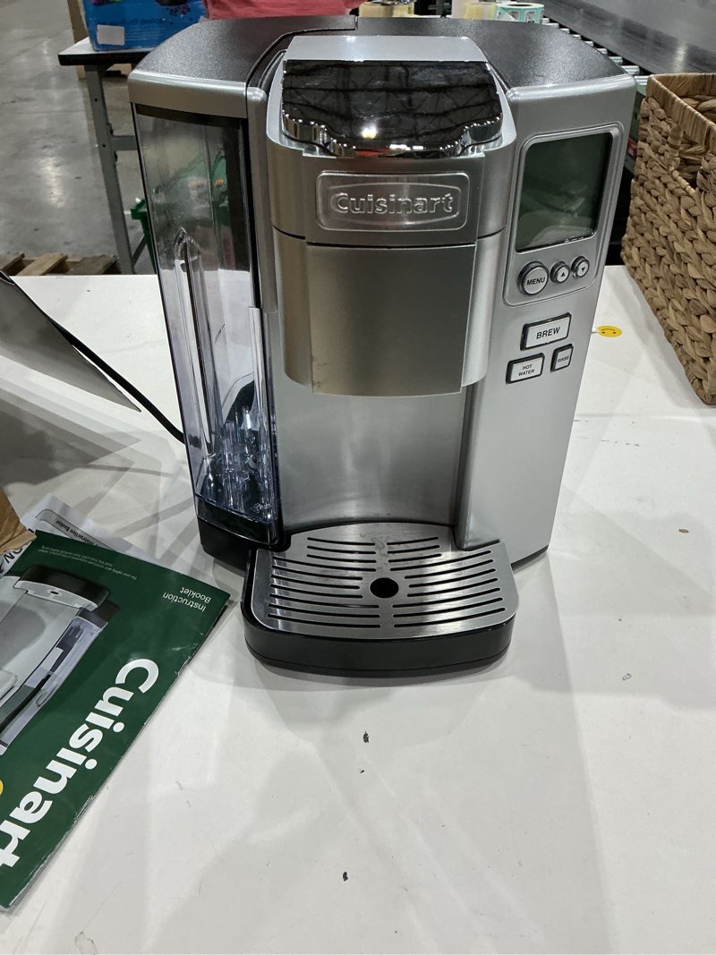 Condition photo showing As Is for cuisinart coffee maker, single serve 72-ounce reservoir pod coffee machine, programmable brewing & hot water dispenser, 3 cup-size settings, stainless steel, ss-10p1, silver
