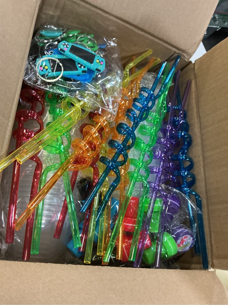 Condition photo showing New/Like New for liyiq 292 pcs video game party favors with reusable drinking straws cups slap bracelets keychains gift tags stamps stickers and twist ties for gamer birthday party supplies
