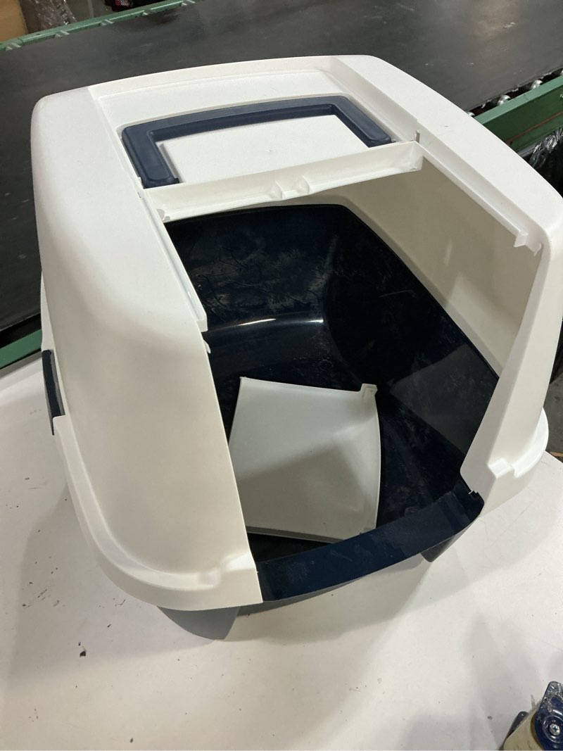 Condition photo showing As Is for iris usa cat litter box large with front door flap, covered enclosed litter box enclosure with scoop, handle & buckles for portability & privacy, hidden litter pan, navy jumbo enclosed navy