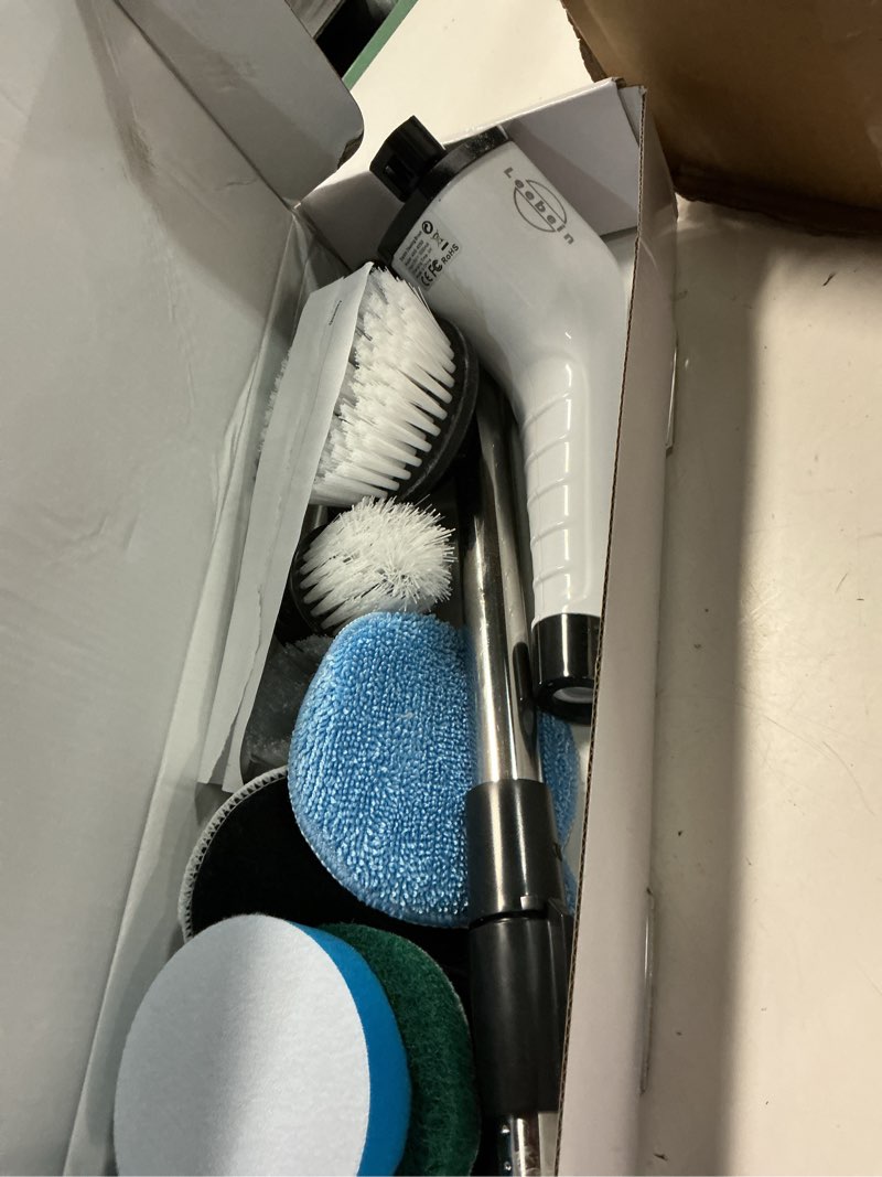 Condition photo showing As Is for leebein electric spin scrubber, cordless cleaning brush with 8 replaceable brush heads, tub and floor tile 360 power scrubber dual speed with adjustable & detachable handle for bathroom kitchen car white