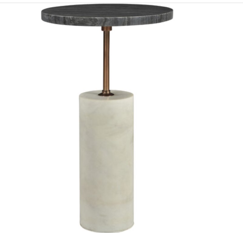 (Incomplete, box 1 of 2) Onyx 12 in. Round Black Stone Accent Table with White Marble Base and Brass Iron Post
