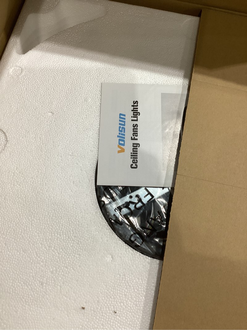 Condition photo showing New/Like New for VOLISUN Low Profile Ceiling Fans with Lights and Remote, 19.7in Flush Mount Ceiling Fans with Light, 3000K-6500K Dimmable Fandelier LED Fan Light, Black Bladeless Ceiling Fans with Lights for Bedroom Black 19.7 INCH