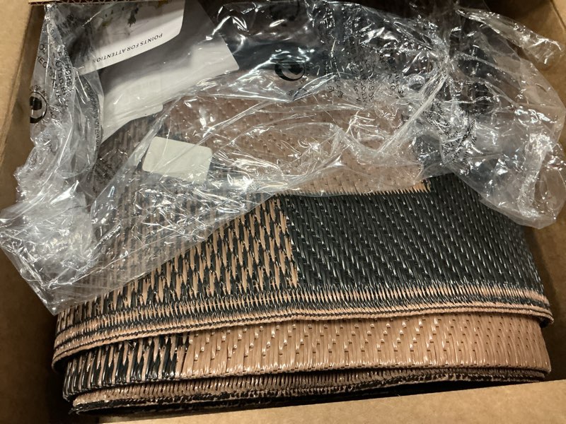 Condition photo showing Good Condition for genimo outdoor rug for patio clearance, 6'x9' reversible geometric plastic straw rugs, lightweight waterproof rv camping mat for camper, balcony, deck, backyard, picnic, black brown black&brown-y 6' x 9' (rectangular)