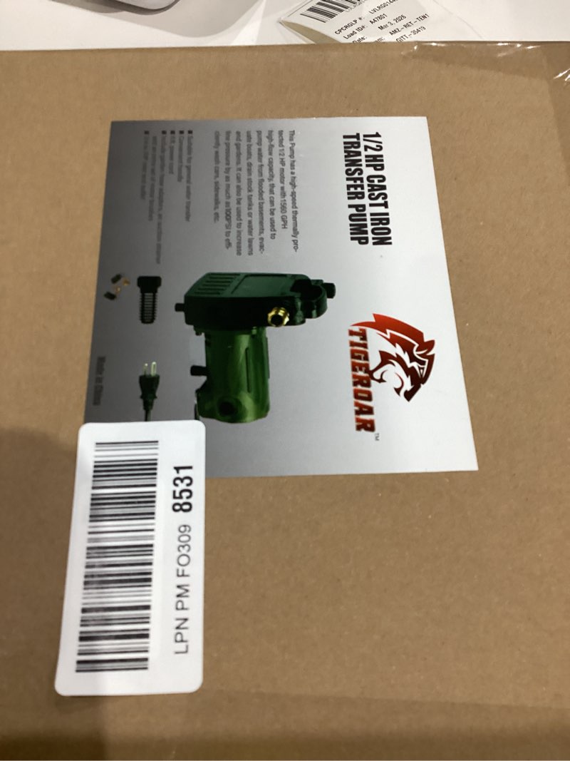 Condition photo showing Good Condition for TIGEROAR 120V Water Transfer Pump 1560 GPH Cast Iron 1/2 HP Portable Pump with 6 ft. Power Cord for Pool Pump with Multipurpose Water Transferring - Camouflage Color 120V Cast Iron Pump Heavy Duty