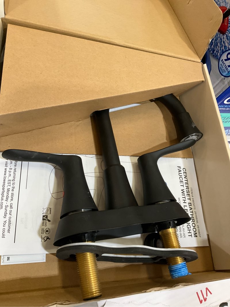 Condition photo showing As Is for allen + roth brookes matte black 4-in centerset 2-handle watersense high-arc
