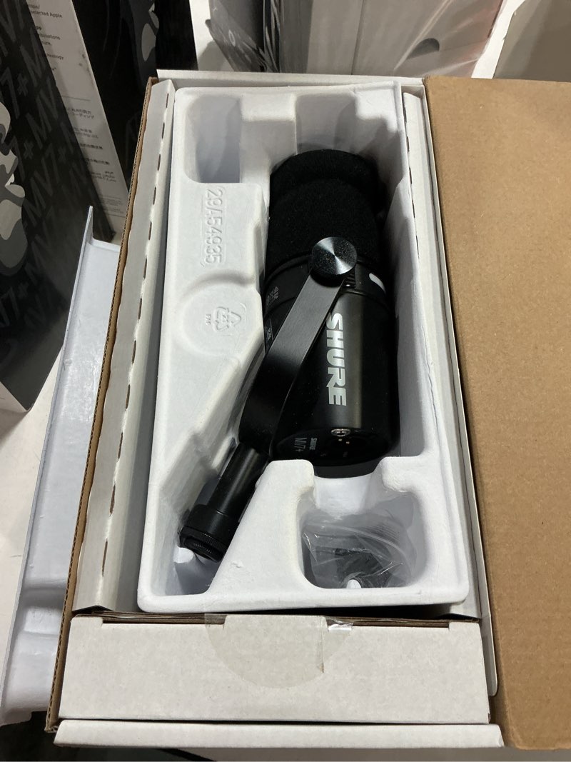 Condition photo showing As Is for shure mv7+ podcast dynamic microphone with stand. obs certified, enhanced audio, led touch panel, usb-c & xlr outputs, auto level mode, digital pop filter, podcasting, streaming, recording - black