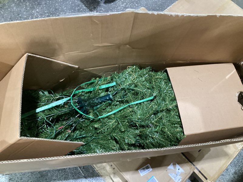 Condition photo showing As Is for National Tree Company 7.5 ft Pre-Lit Dunhill Fir Artificial Christmas Tree, 700 LED Lights, 2,514 Tips, PowerConnect, Foot Pedal, 10 Light Functions, Includes Stand, Green 7ft 6in Christmas Tree