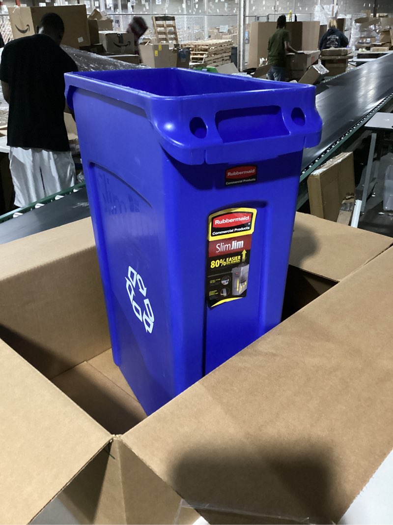 Condition photo showing Good Condition for rubbermaid commercial products recycling can: slim jim®, rectangular, blue, 23 gal capacity