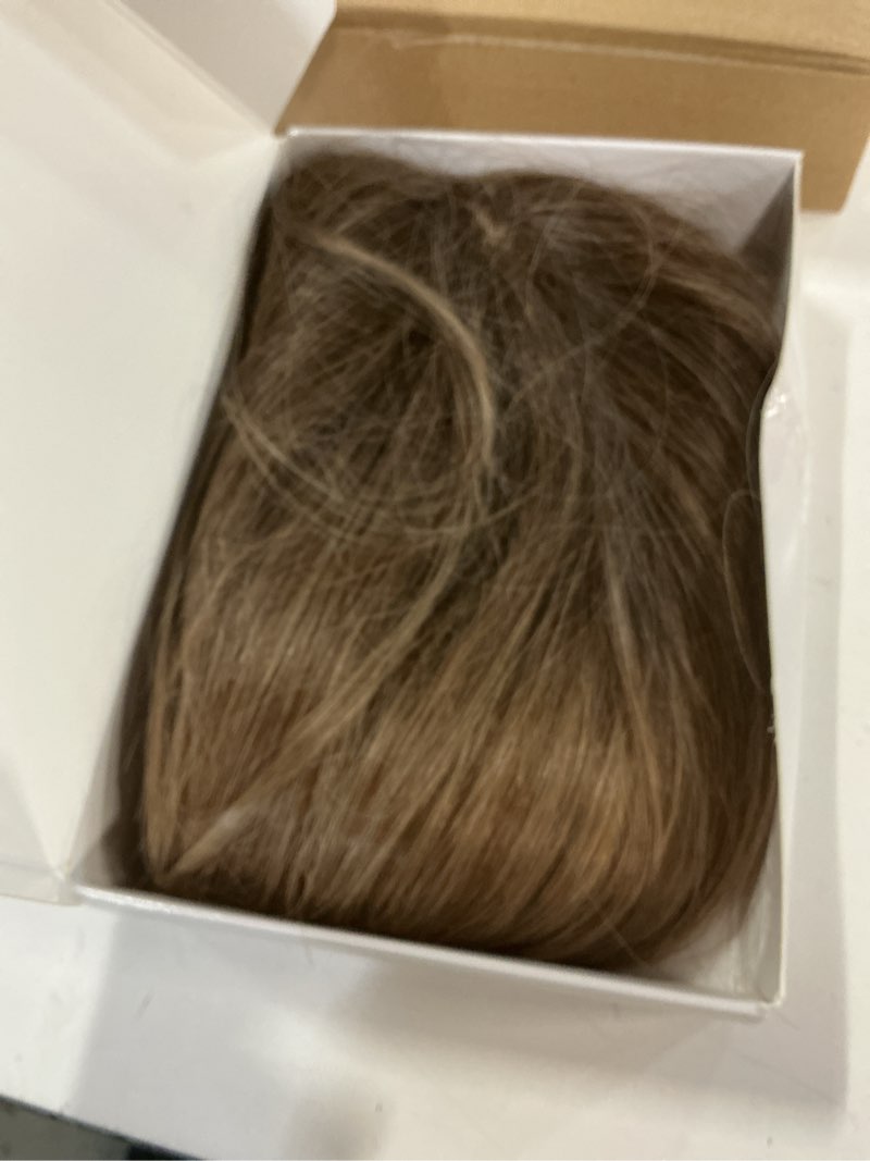 Condition photo showing Good Condition for medium length brown wigs human hair mixed synthetic with curtain bangs layered heat resistant for everyday use ombre blonde 18"