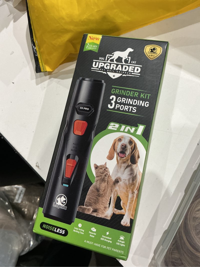 Condition photo showing New/Like New for whisper quiet dog nail grinder with 4 led lights, safe & stress-free for sensitive dogs cats of all breeds & sizes, 3 grinding bits, 3-speed, pet nail trimmers, rechargeable painless grooming kit black