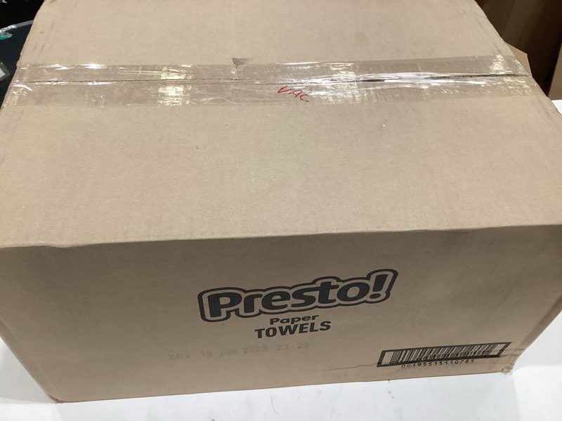 Condition photo showing New/Like New for Amazon Brand - Presto! Ultra-Strong Premium Paper Towels, 158 Sheet Huge Roll - Flex-a-Size, 12 Rolls (2 Packs of 6), Equivalent to 38 Regular Rolls, White Huge 12 Rolls (158 Sheets each)